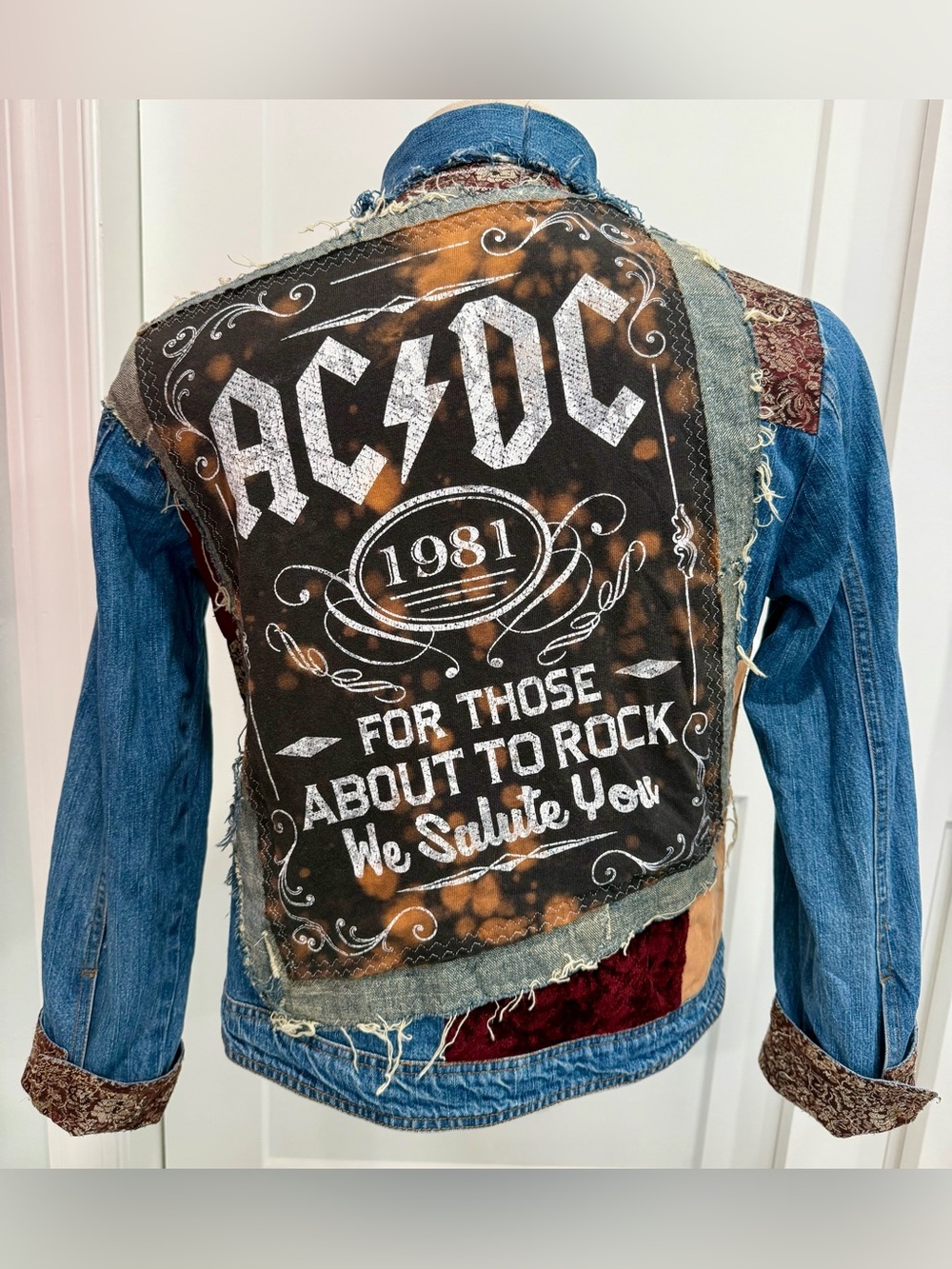 Spenny Lane Custom Upcycled Patchwork AC/DC Patch Denim Boho Jacket P2P 21" *M/L